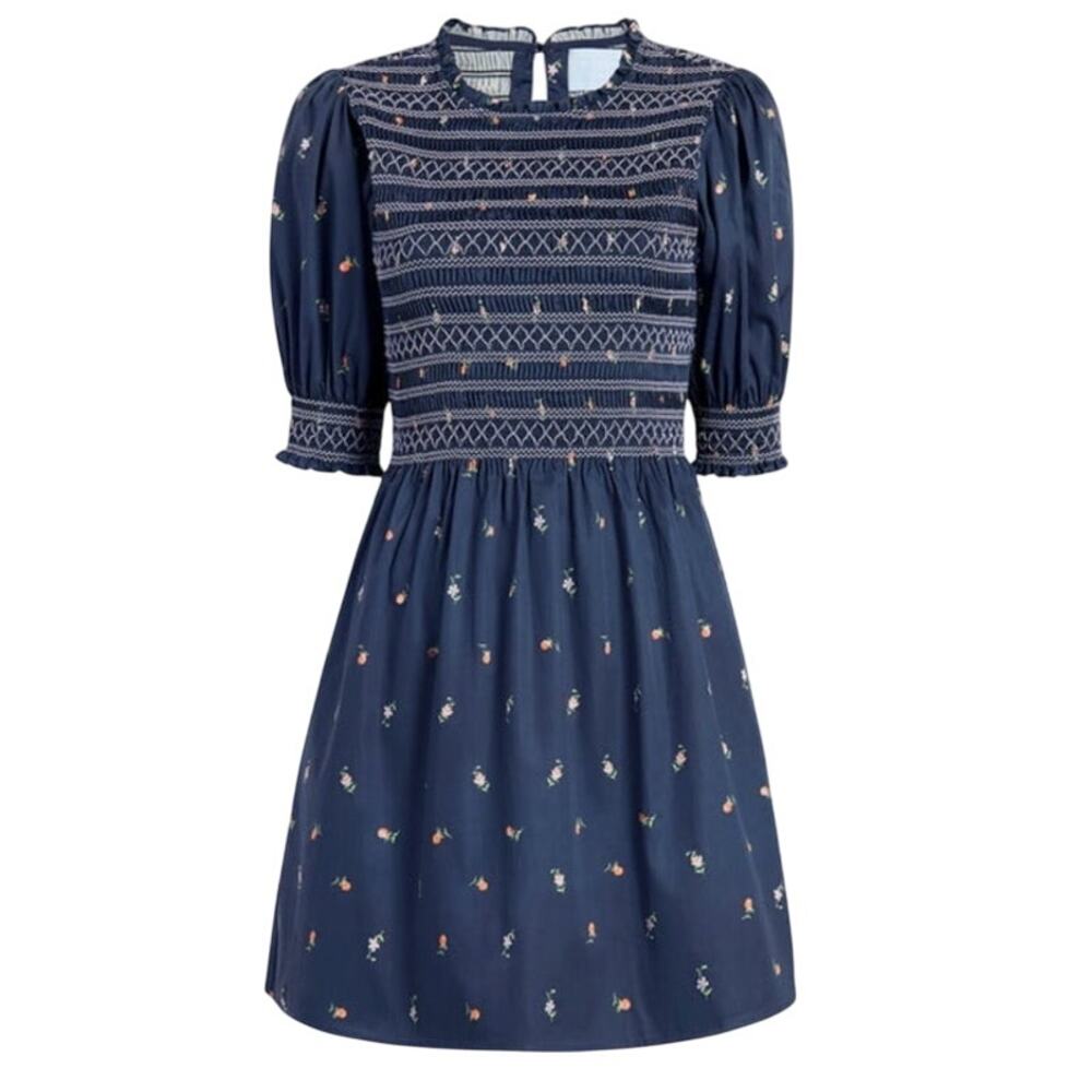 Hill House The Vivi Navy Petite Fleur Puff Sleeve Mini Dress XS
